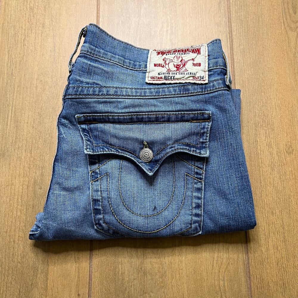 True Religion Jeans Mens 36X28 Blue Ricky Straight Leg Back Flap Pockets Y2K